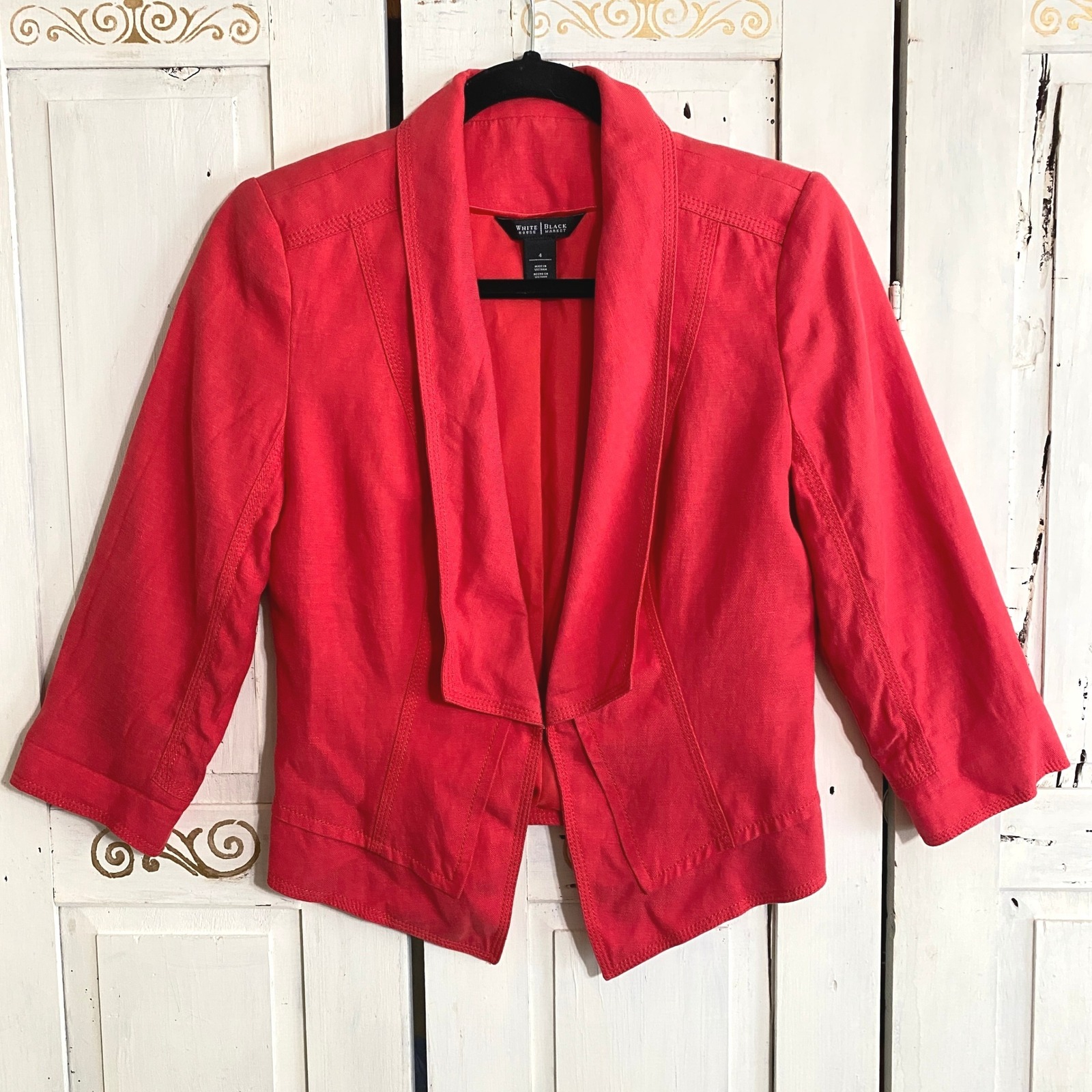 White House Black Market Coral Red Linen Blend Cropped Blazer Jacket Size 4